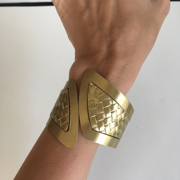 Brushed Gold Woven Pattern Angular Cuff Bracelet - Picture 2 of 8